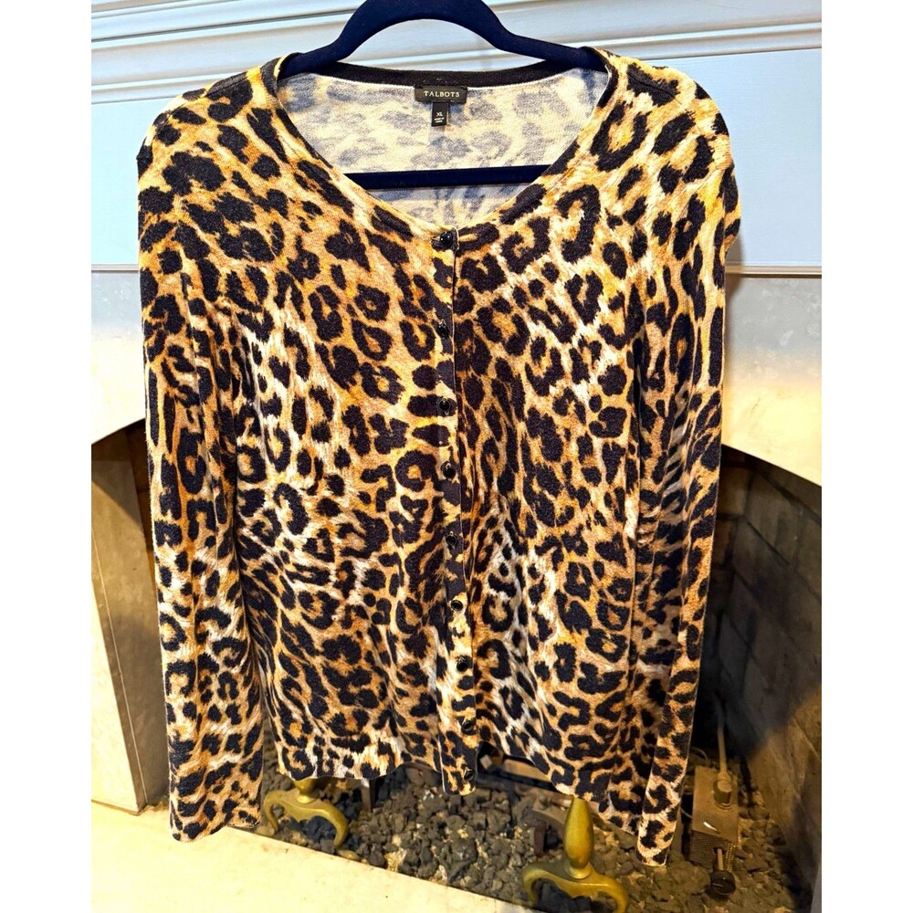 Talbots Leopard Animal Print Button Front Crew Neck Cardigan Sweater XL